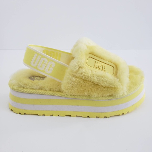 UGG Shoes - UGG Disco Slide Platform Fuzzy Slippers Sandals Size 6 Yellow White
